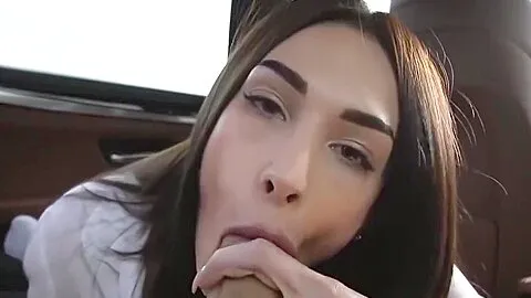 Gorgeous girl gives a hot blowjob in the car and swallows cum