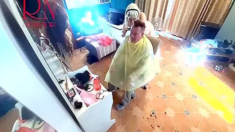 Nudist Barbershop. Nude Lady Hairdresser In An Apron. The Client Is Surprised. 3