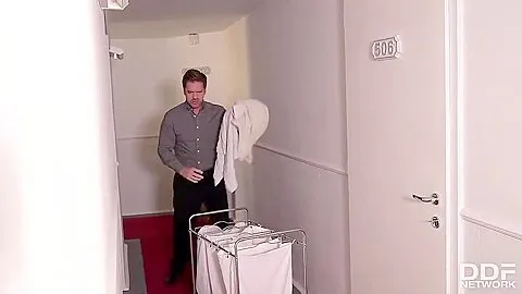 Big titted brunette maid is having sex with two guys at the same time, in the bedroom