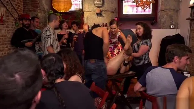 Fetish blonde gangbanged in public bar