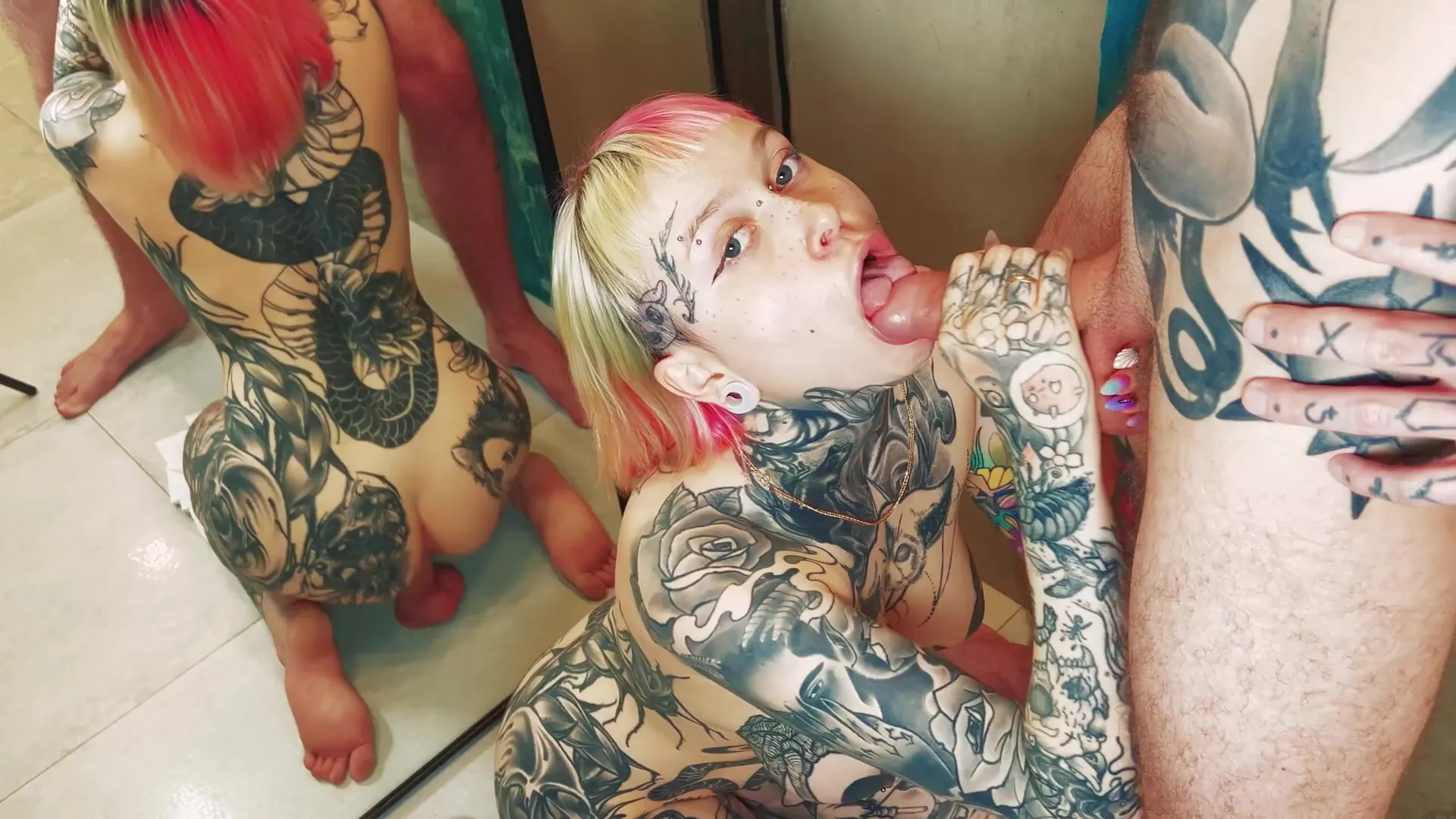 Good Girl Wanted Two Cocks At Once And Sucked Stepdaddy With Cumshot On Face With Tattoed Girl