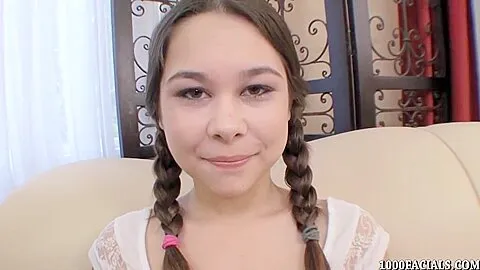 Pigtailed teen Kira Sinn eagerly taking cum facial