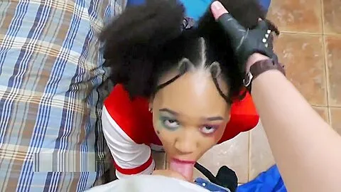 Ebony dressed as Harley Quinn drinks too much in Halloween