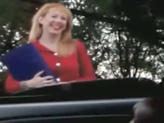 Cute ginger lady watches him jerk off in the car