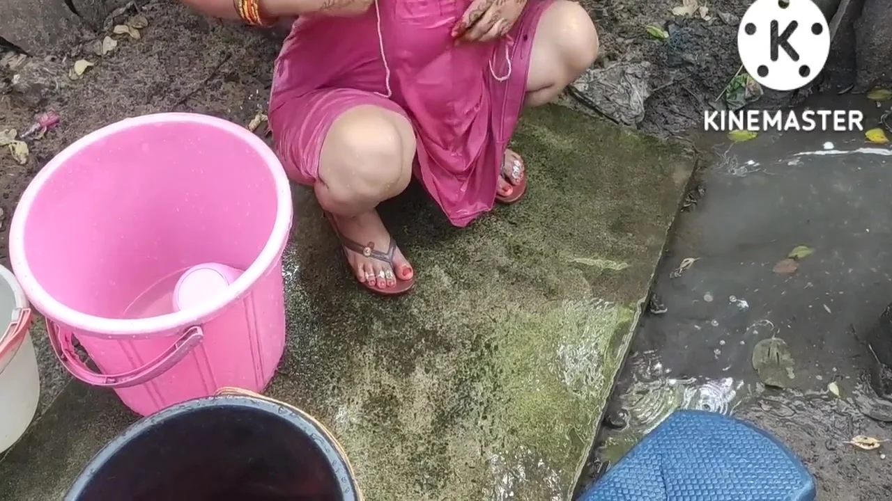 Indian House Wife Bathing Outside