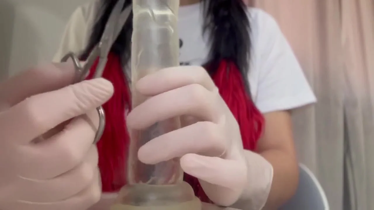 I Play With The Dildo In Tight, White Medical Gloves