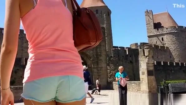 Tight blue shorts cameltoe and ass