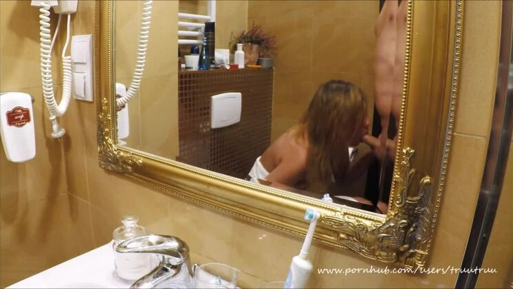 My gorgeous Wife suck me after shower till i cum on her tits (mirror viev)