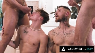 Muscle tops alpha wolfe, cyrus stark, Dillon Diaz, and Zak Bishop participate in a bareback gang-bang with hungry bottom students who get jizzed on their pretty faces in this Adult Time video.