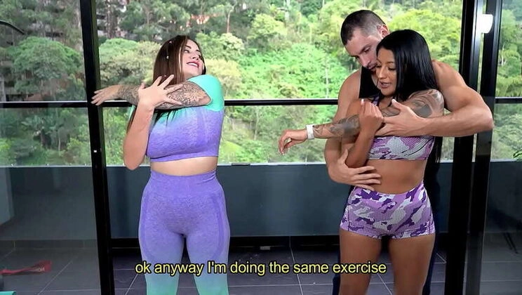 Muscular trainer Duncan Saint fucks his big-bottomed students Sara Blonde and Mariana Martix in debut cardio class - Brunette pornstars with big tits and tattoos
