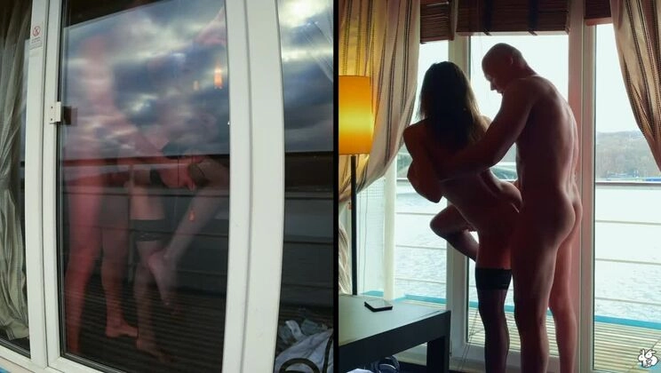 Couple Film Themselves Fucking From Inside Balcony Door, Girlfriend Laps Up Cum From Window