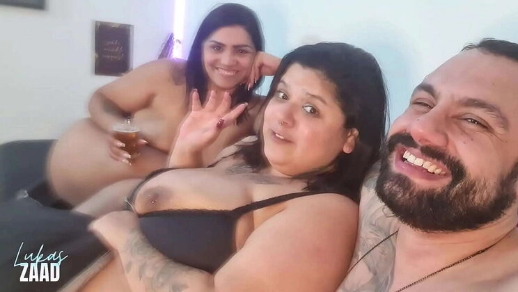 Hot BBW Mary Jhuana and Nicoly Mattos soak the sofa with squirt while riding Lukas Zaad's big dick