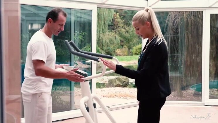 Stunning Blonde Czech, Karol Lilien, Screws Fitness Coach by the Stairs