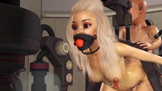 Hot blonde in restraints and ball gag dominated by horny little person in the sex dungeon