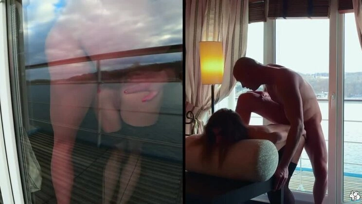 Couple Captures Intimate Moment on Balcony Cam, Girlfriend Swallows Cum at Window - Mia Bandini