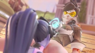 Gorgeous Widowmaker seductively munches on Tracer's pussy with intense eye contact