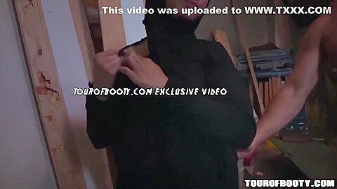 Insatiable babe with a head scarf, Nadia Ali is sucking and riding cock in the storage room