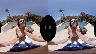 Mike Mancini gets some help applying sunblock from petite and natural busty beauty Veronica Valentine