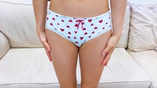 Young college babe in seductive underwear strokes cock until covered in thick cum