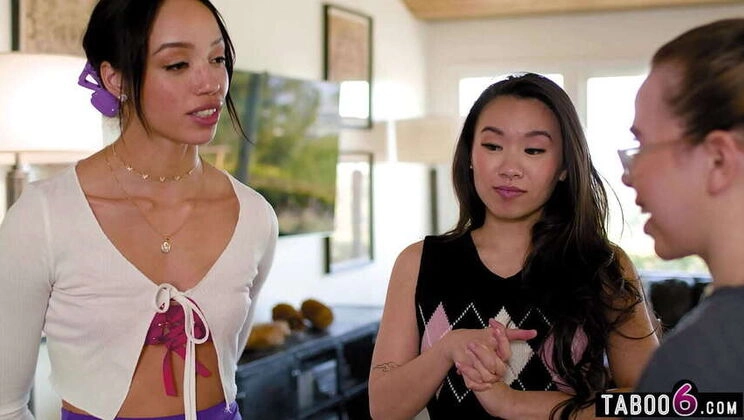 Ebony Teen Alexis Tae Appreciates Asian Lesbian Kimmy Kimm's Protection