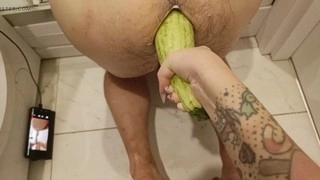 My obedient puppet's insatiable booty filled with ginger and eggplant. Food in the derriere. Fetish