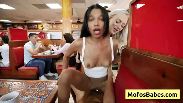 Busty Blonde & Ebony Waitress Threesome with Big Cock in Public Diner - Elana Bunnz, Eden West, Derek Savage